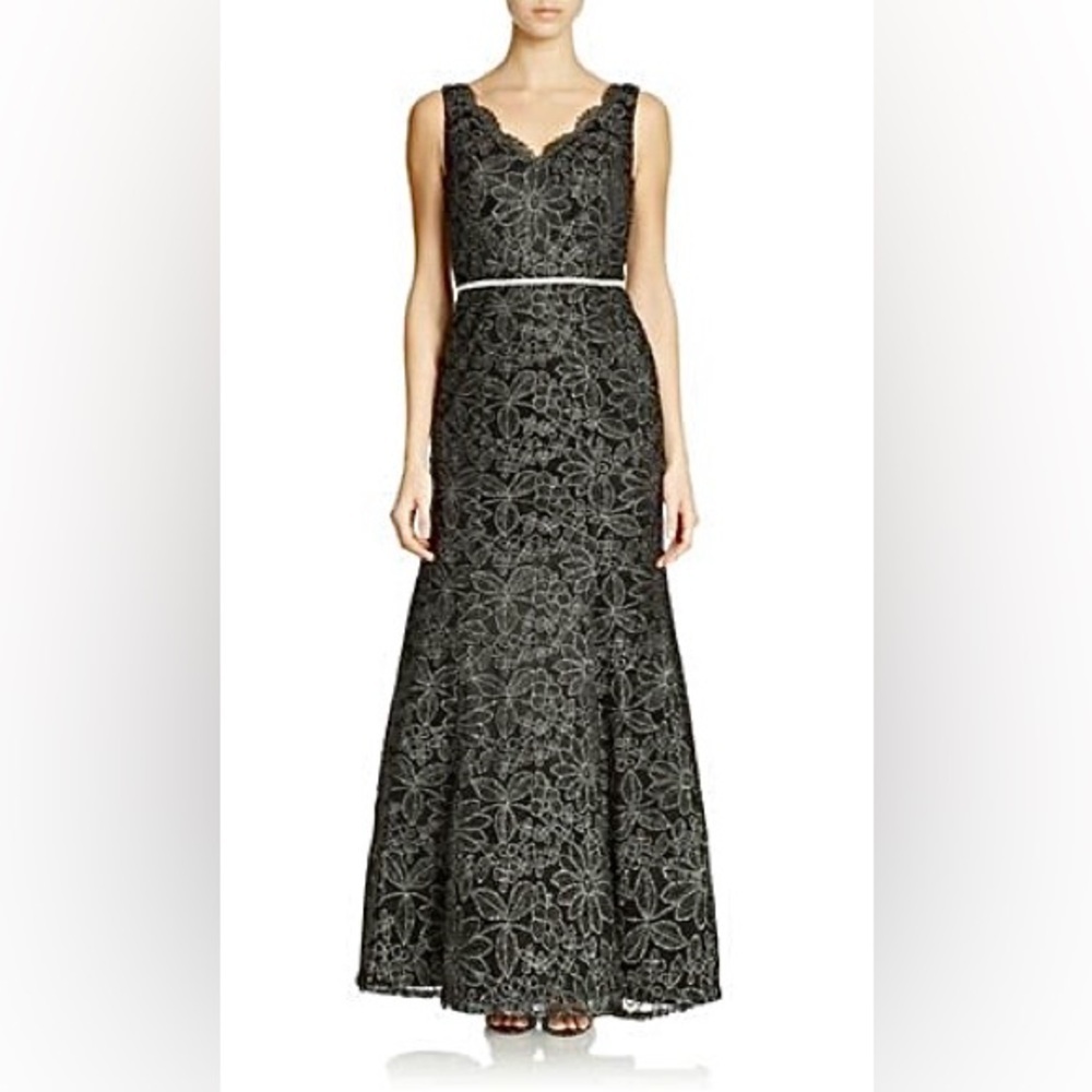 JS Collections Mermaid Black Dress, V-Neck & Shimmery Silver Florals, Large (12)